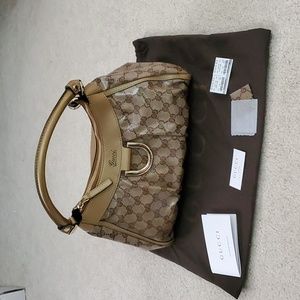 Gucci Authenic Leather Shoulder Hobo Handbag Metallic Gold with Dust Bag